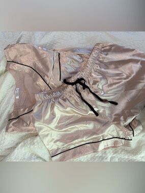 Women's Satin Sleep Short Set - Blush with Black Trim